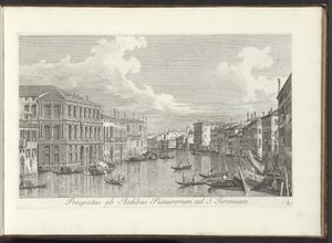 Gezicht op het Canal Grande te Venetië Una vista desde el Templo de San Jeremías (título sobre el objeto) Las vistas más famosas de la ciudad de Venecia, distribuidas en tres partes por 38 paneles de latón del Canal de Antonio reproducidos por Antonio Vsse de Antonio Visentini