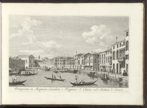Gezicht op het Canal Grande te Venetië Vista del Gran Canal desde la Región de Santa Clara hasta el Templo de la Santa Cruz (título sobre el objeto) Las vistas más famosas de la ciudad de Venecia, de los 38 paneles de latón del Canal de Antonio reproducido de Antonio Visentini