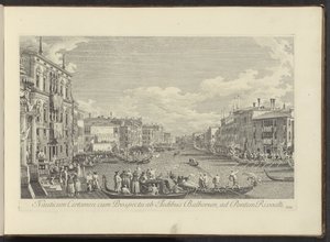 Gezicht op het Canal Grande te Venetië waar de Regata plaatsvindt La Batalla del Mar con el Prospecto del Balborus en el Puente del Rialto (título sobre el objeto) Las vistas más famosas de la ciudad de Venecia, de las 38 pinturas de bronce del Canal de An de Antonio Visentini