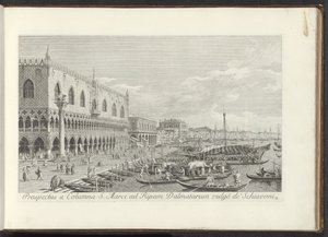 Hoek van het San Marcoplein met het Dogepaleis en de zuil met de Leeuw van Venetië Una vista desde la Columna de San Marcos en el Banco de los Dálmatas comúnmente conocida como Schiavoni (título sobre el objeto) Las vistas más famosas de la ciudad de Venec de Antonio Visentini