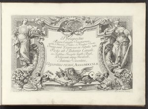 Impresión de título con cartela con Sabiduría y poder Vistas de los Grandes Canales de Venecia (título de la serie) Prospectus Magni Canalis Venetiarum (título de la serie sobre el objeto) de Antonio Visentini