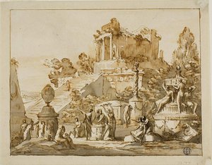 Paisaje clásico con templo en ruinas sobre una colina, figuras femeninas debajo de Antonio Zucchi