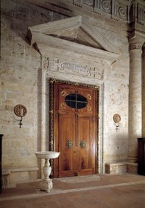 Puerta de madera, vista interior de la iglesia de San Biagio de Antonio da the elder Sangallo
