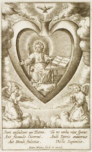 El niño Jesús sentado en el sagrado corazón con un libro abierto