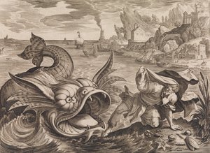 Jonás arrojado a la orilla por el pez de Antonius Wierix