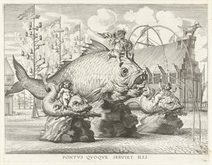 Espectáculo con Tritón sobre un pez gigante; Entrada de Fernando en Gante en 1635 Pontvs Qvoqve servilleta illi (título sobre objeto)