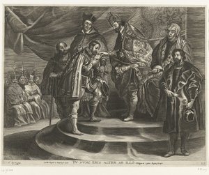 Troonsafsand van Karel V; intocht van Ferdinand te Gent en 1635 (blad 25) Carlos se despojó del Reino y del Imperio / Ahora serás segundo después de él / Felipe II toma el Reino de su padre (título sobre objeto) de Antony van der Does