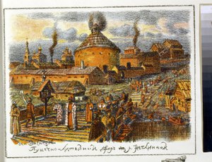 Cañón de lavandería en el río Neglinnaya (Neglimna, Neglinna, Neglinka), en el siglo XVII. Obra de Appolinari Mikhaylovich Vasnetsov (1856-1933), litografía de Apollinari Mikhailovich Vasnetsov