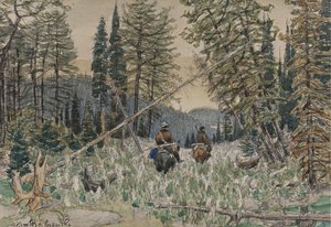 Cazadores a caballo en un bosque de pinos de Apollinari Mikhailovich Vasnetsov