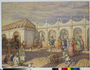 Escena callejera en el Puente de Piedra (Puente de Todos los Santos) en Moscú en la época de Pedro I el Grande (1672-1725) - Obra de Appolinari Mikhaylovich Vasnetsov (1856-1933) de Apollinari Mikhailovich Vasnetsov