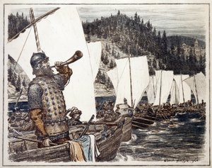 Yermak Timofeyevich (circa 1540-1585) en el río Irtysh. (Yermak Timopheyevich en el Irtysh). Episodio de la exploración y conquista de Siberia, en 1583. Obra de Appolinari Mikhaylovich Vasnetsov (1856-1933), litografía 1916. Arte ruso, 20 de Apollinari Mikhailovich Vasnetsov