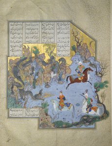 Faridun disfrazado de dragón prueba a sus hijos, Iluminación de manuscrito del épico Shahname de Aqa Mirak