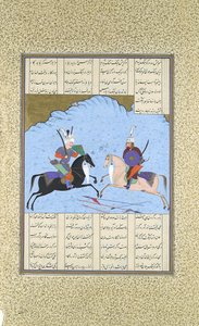 Rustam e Isfandiyar Comienzan su Combate, Folio 461v del Shahnama..., ca. 1530-35 de Aqa Mirak