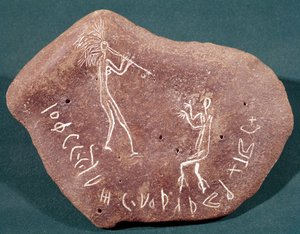 Piedra inscrita con un bailarín, un flautista y una inscripción safaitica, siglo I a.C.-III d.C.