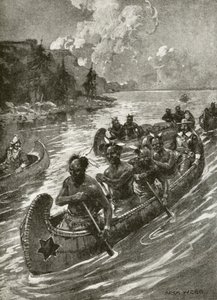 Samuel De Champlain en 1608 ascendiendo el río San Lorenzo en las canoas de los indios americanos amistosos de Archibald Bertram (after) Webb