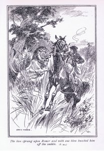 El león saltó sobre Romer y de un golpe lo derribó de su silla, 1900s de Archibald Webb
