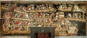 Batalla naval en Punta Salvatore, enfrentando al ejército de Federico Barbarroja contra los venecianos de Aretino Luca Spinello or Spinelli