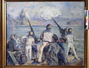 La défense de Sebastopol (La defensa de Sebastopol). Episodio de la Segunda Guerra Mundial (1939-1945): panorama de la ciudad de Crimea desde un barco militar ruso cuyos marineros ametrallaron al sitiador alemán (asedio 1941-1942). Pintura de Arista de Aristarkh Vasilievic Lentulov