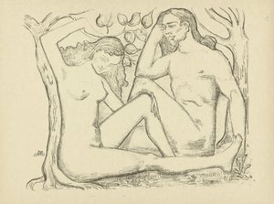 Adán y Eva sentados junto al árbol hombre y mujer desnudos L