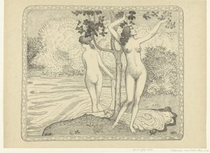Twee badende vrouwen bij waterkant
Zomer
Dos bañistas desnudos bajo un árbol al borde del agua
Verano
L