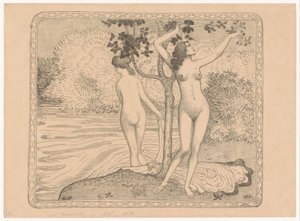 Dos mujeres que se bañan bajo un árbol al borde del agua
Deux baigneuses nuess sous un arbre au bord de l