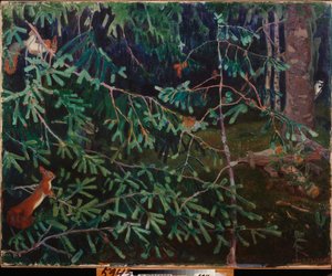 Los habitantes del bosque. (Ardillas en las ramas y un pájaro picoteando un tronco). Pintura de Arkadi (Arkady) Alexandrovich Rylov (1870-1939), óleo sobre lienzo de Arkadij Aleksandrovic Rylov