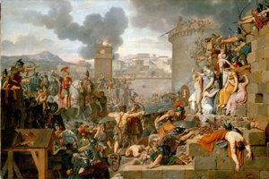 "Metelo levanta el asedio" Durante el asedio de Centobrica, Quinto Cecilio Metelo Macedonio detiene a sus soldados mientras los habitantes exponen a los niños de Rhetogene, que está de paso, a los atacantes. Peintu de Armand Charles Caraffe
