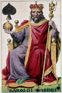 Representación de Carlomagno (Carlos I llamado Carlos el Grande). Detalle de una carta de juego