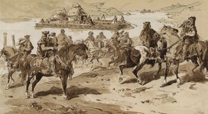Sopladores de caracolas y balsa en tiempos primitivos