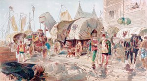 Carros tirados por caballos llenos de mercancías y pertenecientes a la Liga Hanseática llegan a un puerto, siglo XVI, 1886