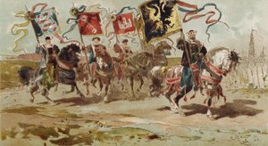 Jinetes portando estandartes de la Liga Hanseática y algunas de sus ciudades miembro, Países Bajos Españoles, siglo XVI de Armand Jean Heins