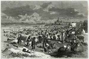 Playa de Ostende. Grabado de A.Heins, para ilustrar la historia “La Belgique”, de Camille Lemonnier (1844-1913), escritor y crítico de arte. Publicado en Le Tour du Monde.