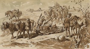Trineo tirado por bueyes y caballos de carga en tiempos primitivos de Armand Jean Heins