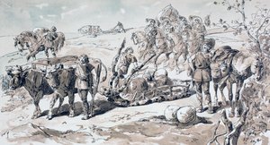 Bueyes tirando de un trineo primitivo cargado de rocas, 1886 de Armand Jean Heins