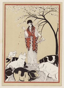 Circe alimentando a los compañeros de Odiseo después de convertirlos en cerdos (litografia en color)