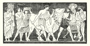 Néstor y sus compañeros llevando una vaquilla para ser sacrificada (litho)