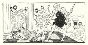 Ulises arrastrando a Irus fuera de la sala (lito)
