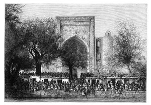 Una asamblea frente a la mezquita en Bujará, Uzbekistán, 1895 de Armand Kohl