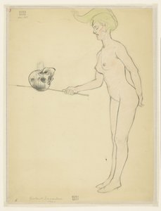 Mujer desnuda de pie con un palo y una calavera