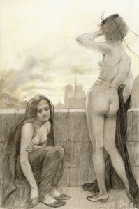 Dos mujeres parcialmente vestidas junto a una pared en una ciudad