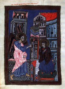 La Anunciación. Arcángel Gabriel visita a la Virgen María. Iluminación del maestro del Codex Matenadaran (siglo XIII), miniatura, acuarela sobre pergamino