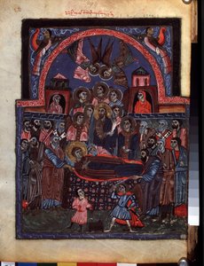 La Dormición de la Virgen. (La Dormición de la Virgen). Iluminación del maestro del Codex Matenadaran (siglo XIII), miniatura, acuarela sobre pergamino de Armenian School