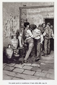 Invitación al duelo siciliano por el mortal “beso”, en realidad una mordida en la oreja. Ilustración de Arnaldo Ferraguti para la nueva “Cavalleria Rusticana” de Giovanni Verga. 1897 de Arnaldo Ferraguti