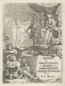 Cabezas cortadas para un monarca en un trono Página de título para: L. van den Bos, El teatro de los accidentes y obra paralela de duelo de vorstelycke, 1699