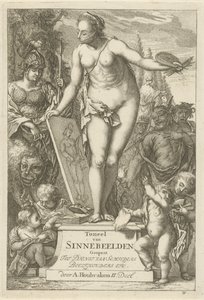 Personificación de la pintura sobre un pedestal. Impresión del título de: Toneel van sinnebeelden, segunda parte Escena de estatuas de pecado abiertas al servicio de pintores, porta imágenes, etc. (título de la serie sobre el objeto)