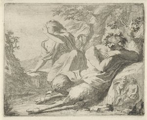 El sátiro y la figura femenina cubren los ojos de la luz del sol. Escena de estatuas de pecado abiertas al servicio de pintores, estatutarios, etc. (título de la serie) de Arnold Houbraken