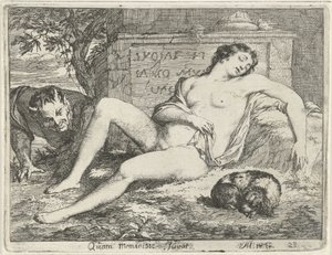 Ninfa dormida con un perro espiado por un sátiro Quam meminisse Juvat (título sobre objeto) Escena de estatuas de pecado abiertas al servicio de pintores, estatutarios, etc. (título de la serie)