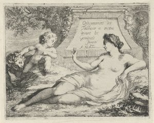 Venus espiada por un sátiro Ordonnances des tableaux a mettre devant les Gemineés (título sobre el objeto) Escena de estatuas de pecado abiertas al servicio de pintores, estatutarios, etc. (título de la serie) de Arnold Houbraken