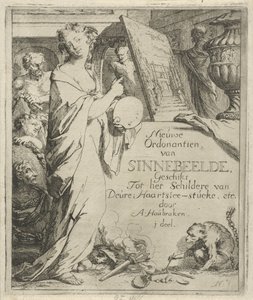 Figura femenina con paleta apuntando a una pintura. Impresión del título de: Toneel van Sinnebeelden, tercera parte New Ordonantien van Sinnebeelde, Adecuado para pintar por Deure Haartslee-stucke, etc. (título del objeto) Escena de imágenes de pecado abie