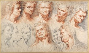 Trece estudios basados en una cabeza imperial romana (tizas negra y roja con tinta marrón sobre papel blanco) de Arnold or Artus the Elder Quellin I